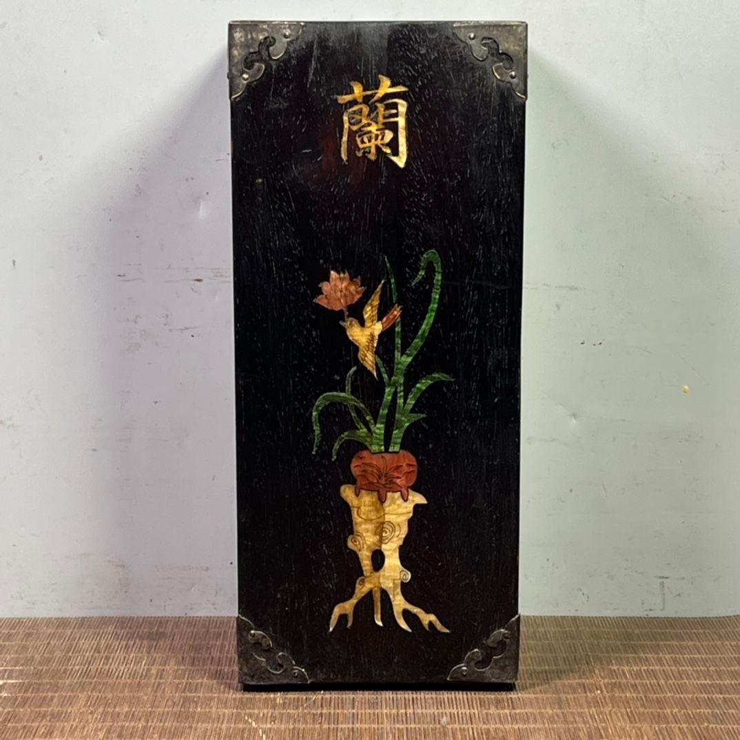 19th Century 29cm Vintage Asian Wooden Square Brush Pot with Pearl Shell Inlay Carving For Sale