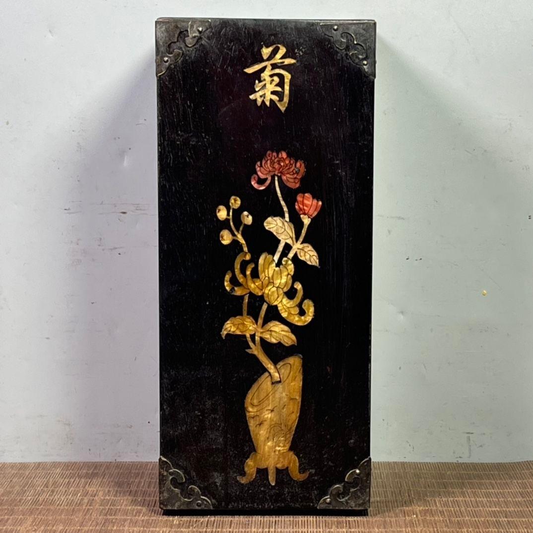 29cm Vintage Asian Wooden Square Brush Pot with Pearl Shell Inlay Carving For Sale 2