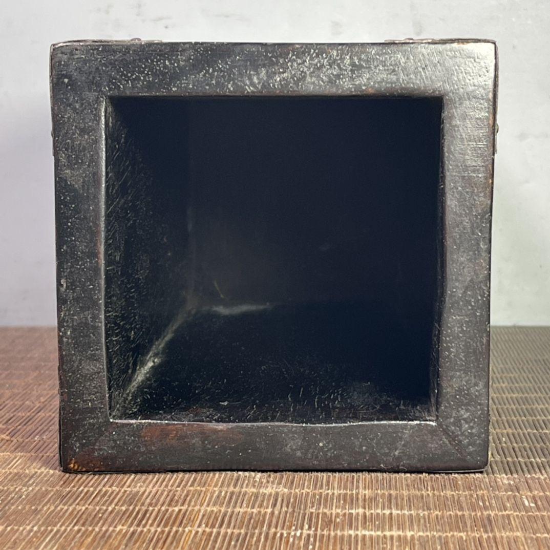29cm Vintage Asian Wooden Square Brush Pot with Pearl Shell Inlay Carving For Sale 3
