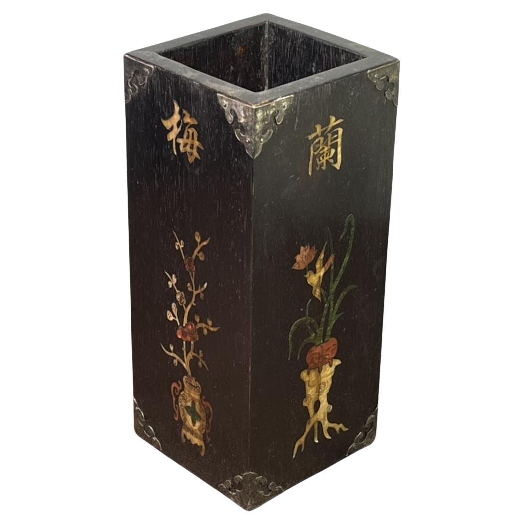 29cm Vintage Asian Wooden Square Brush Pot with Pearl Shell Inlay Carving For Sale