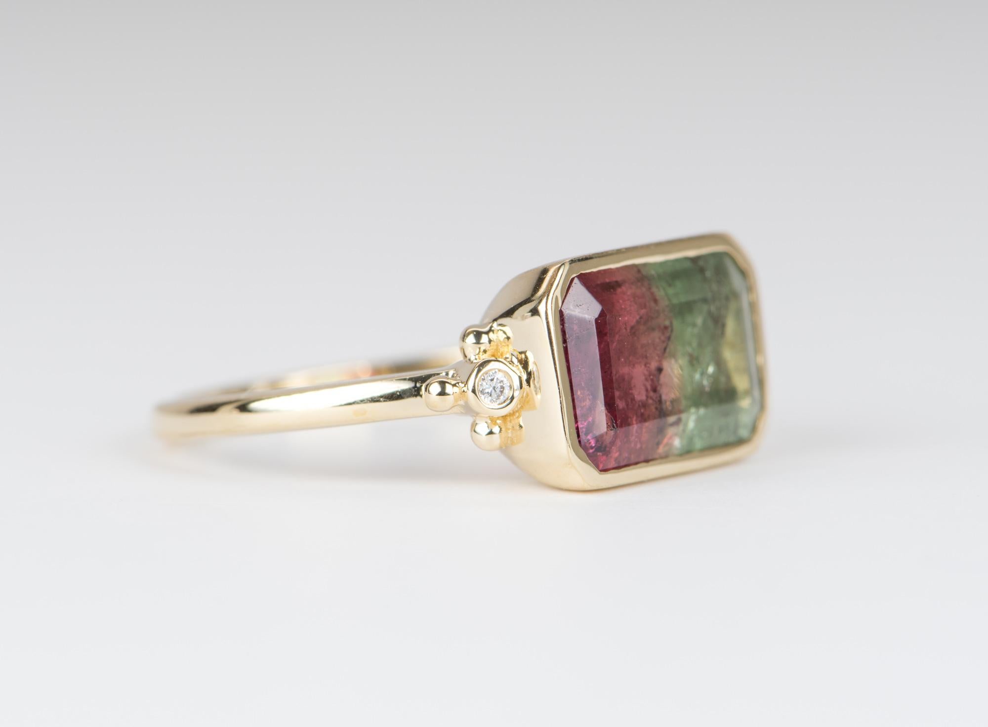 Emerald Cut 2.9ct Bi-Color Watermelon Tourmaline Diamond Bead Sides Statement Ring 14K Gold