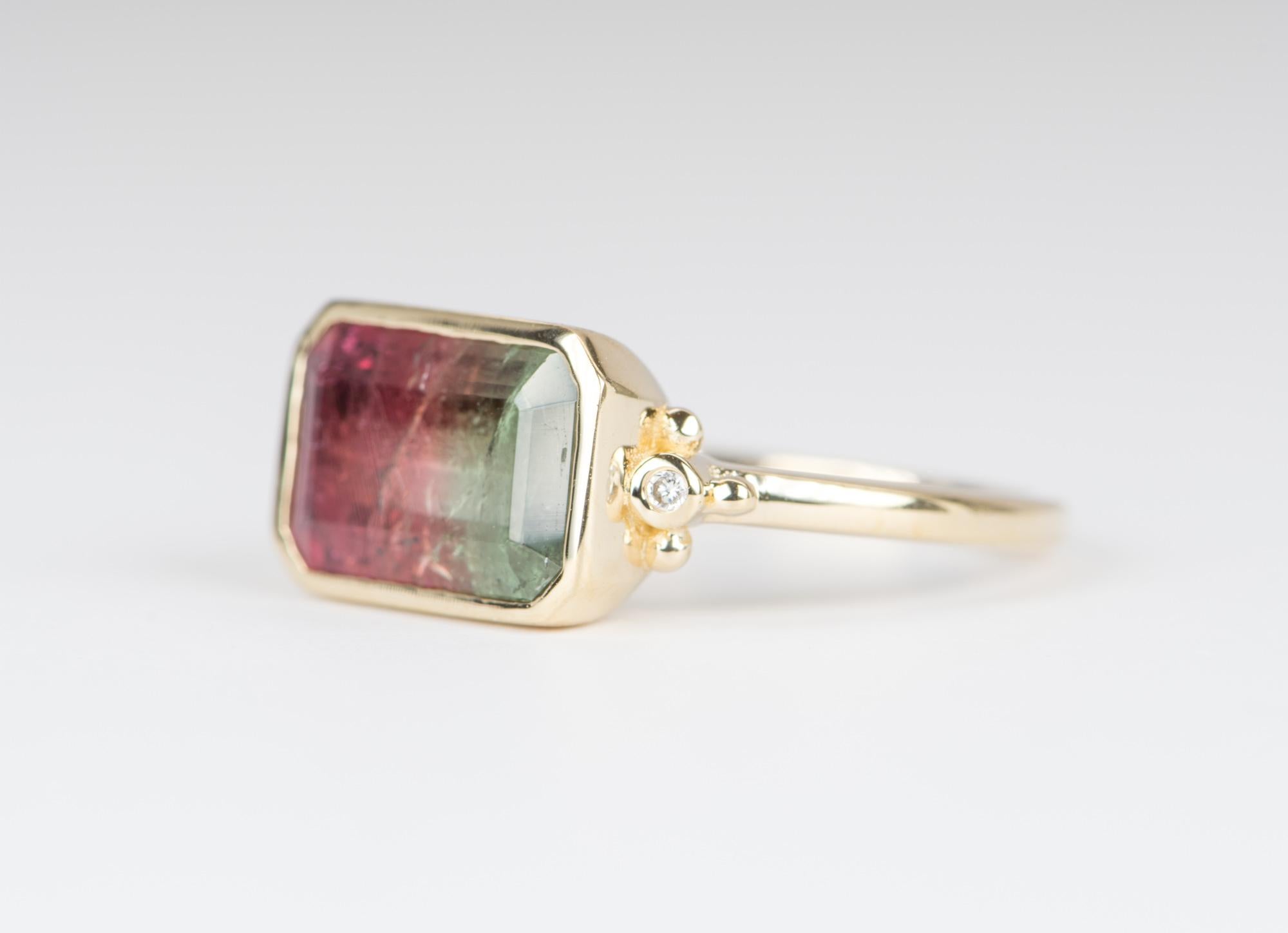 2.9ct Bi-Color Watermelon Tourmaline Diamond Bead Sides Statement Ring 14K Gold In New Condition In Osprey, FL