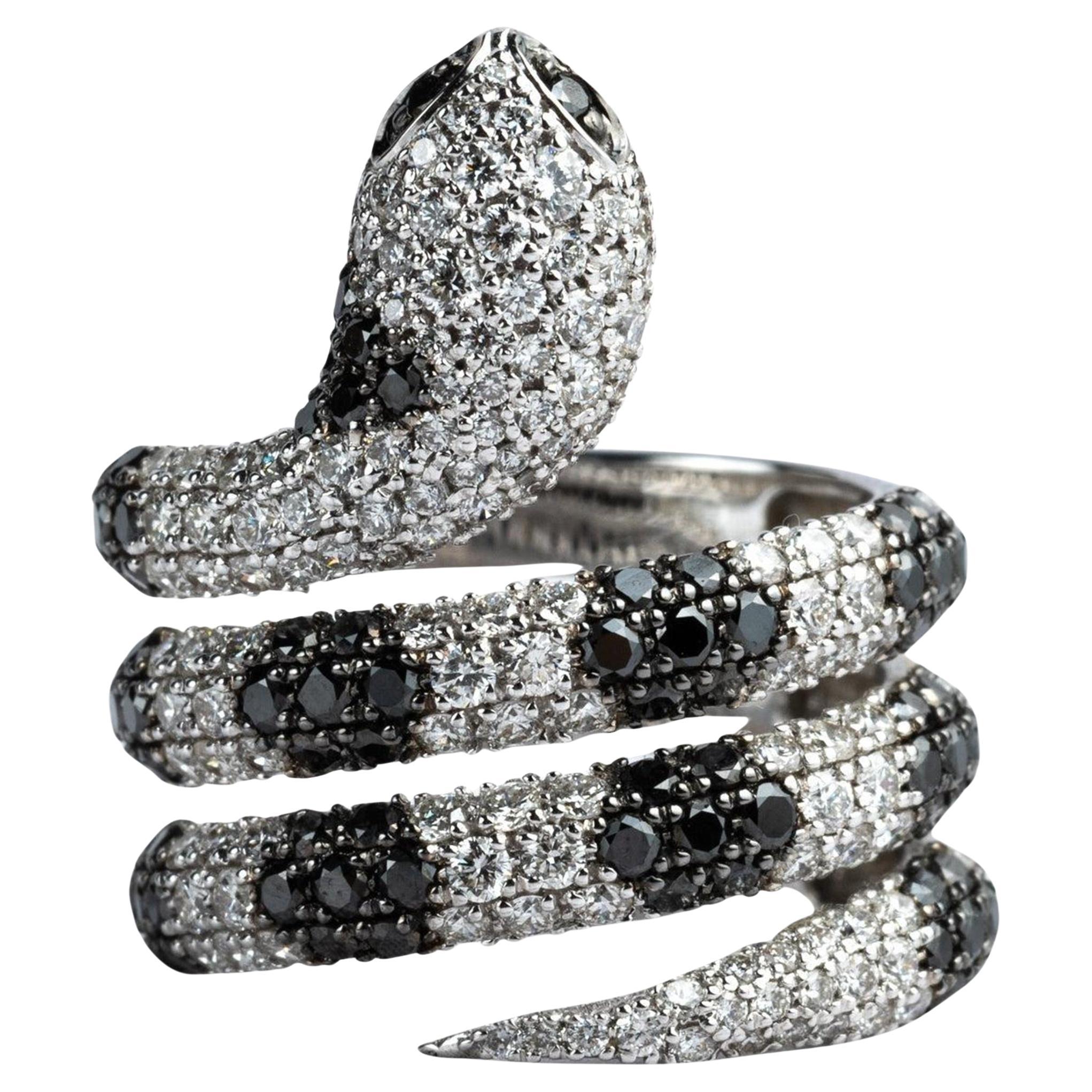 Anello a serpente con diamanti bianchi e neri da 2,9 carati in oro bianco 18 carati -Spiral Luxury