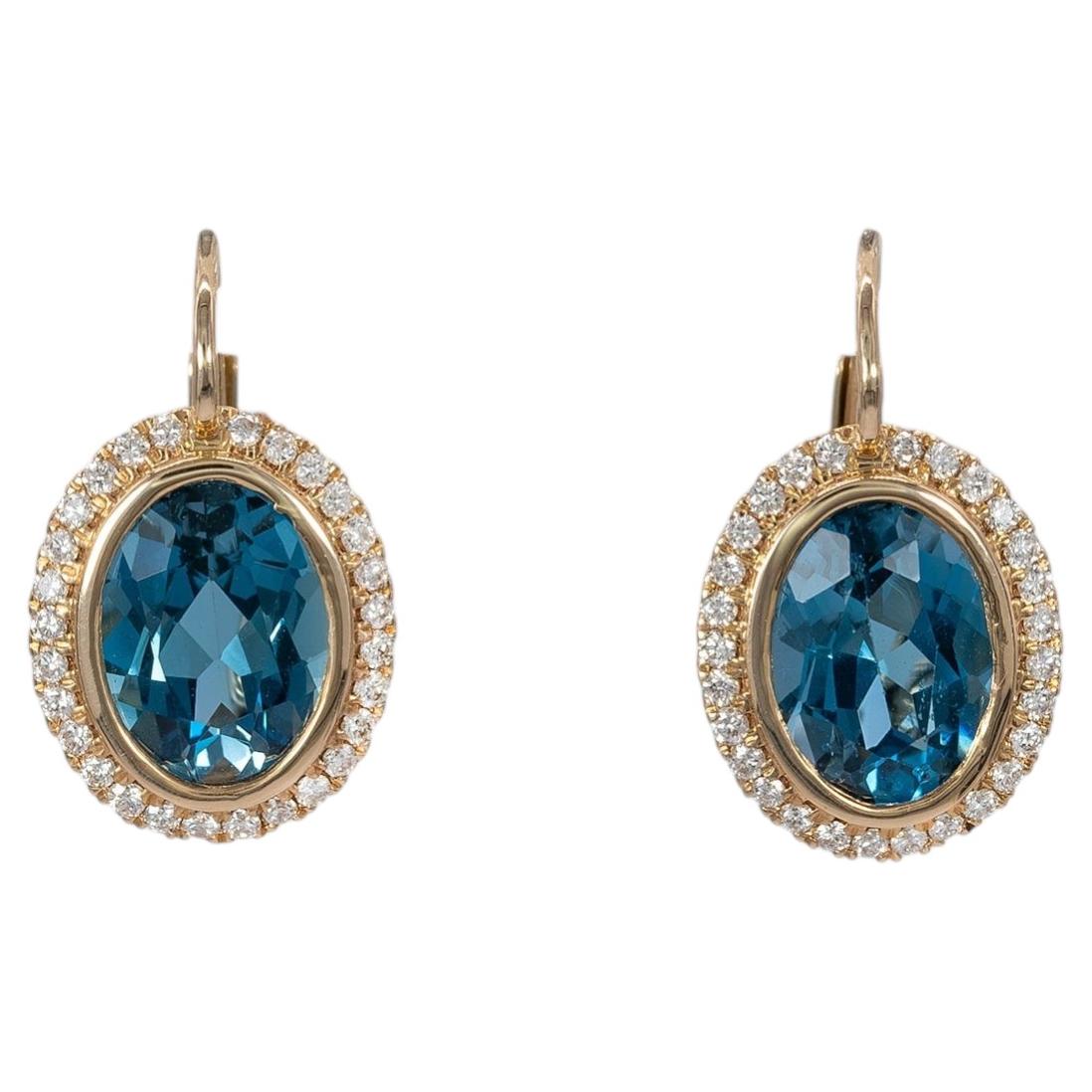 2.9Ct London Blue Topaz Stud Earrings with Earth-Mined Diamond Accents: 14K Gold