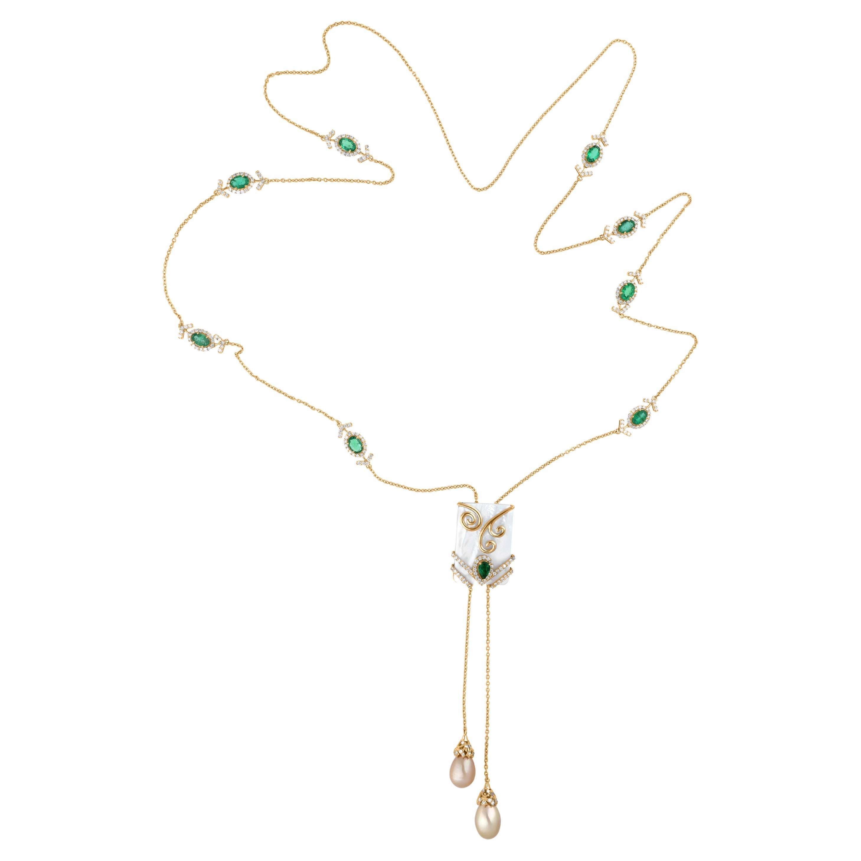 29Tcw Art Deco Smaragd Perlmutt Lariat Diamant 14 Karat Gold Halskette