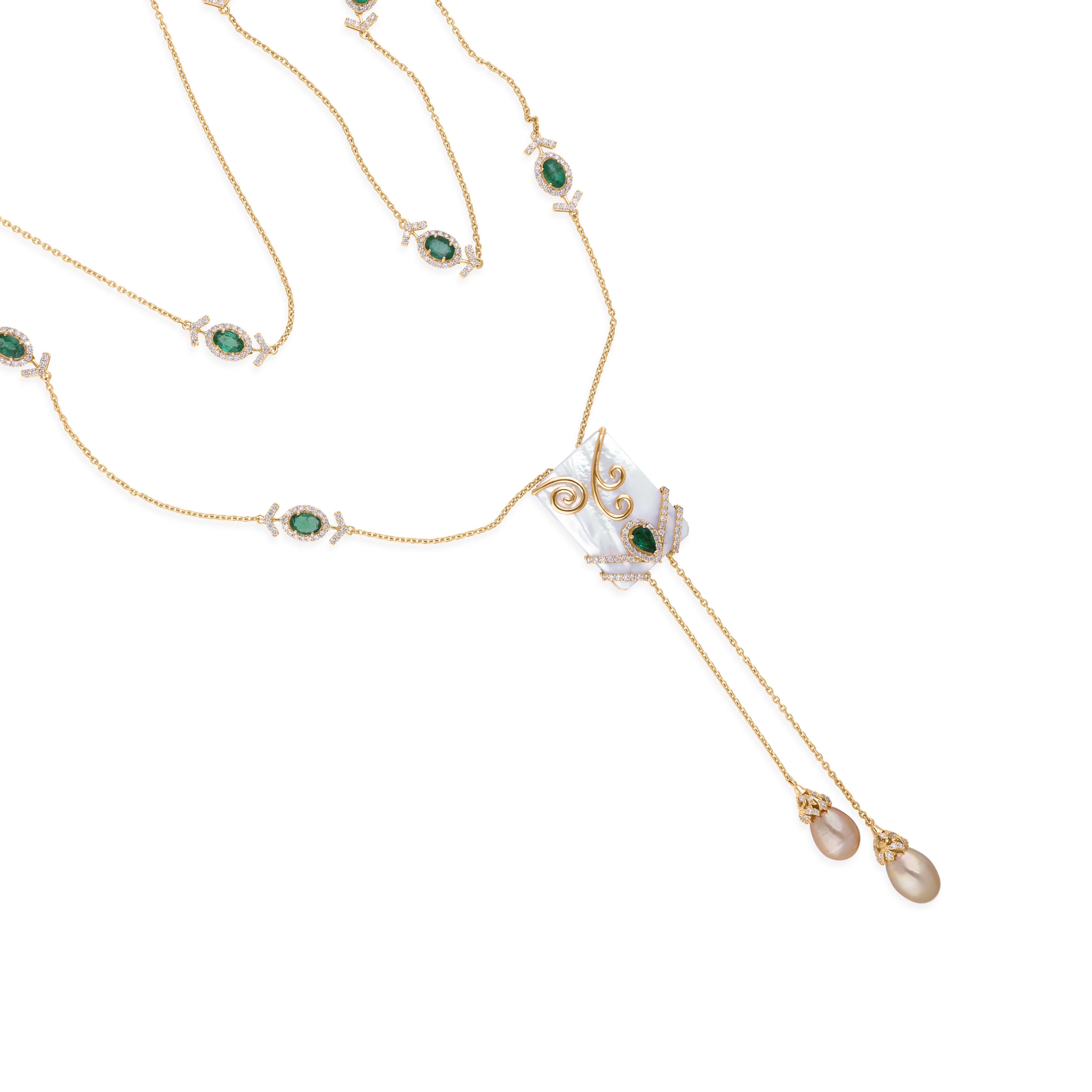 29Tcw Art Deco Smaragd Perlmutt Lariat Diamant 18 Karat Gold Halskette (Art déco) im Angebot