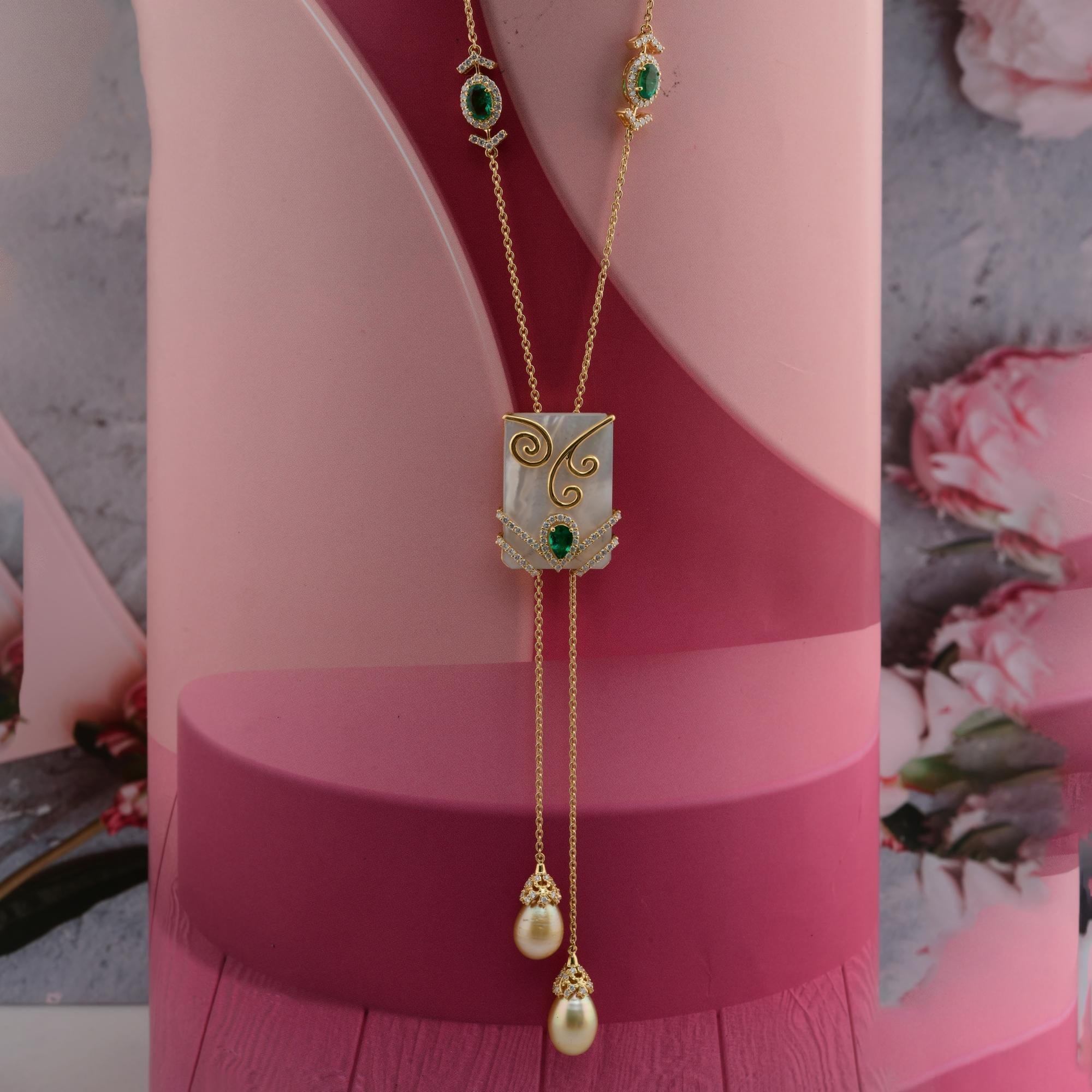 29Tcw Art Deco Smaragd Perlmutt Lariat Diamant 18 Karat Gold Halskette (Ovalschliff) im Angebot