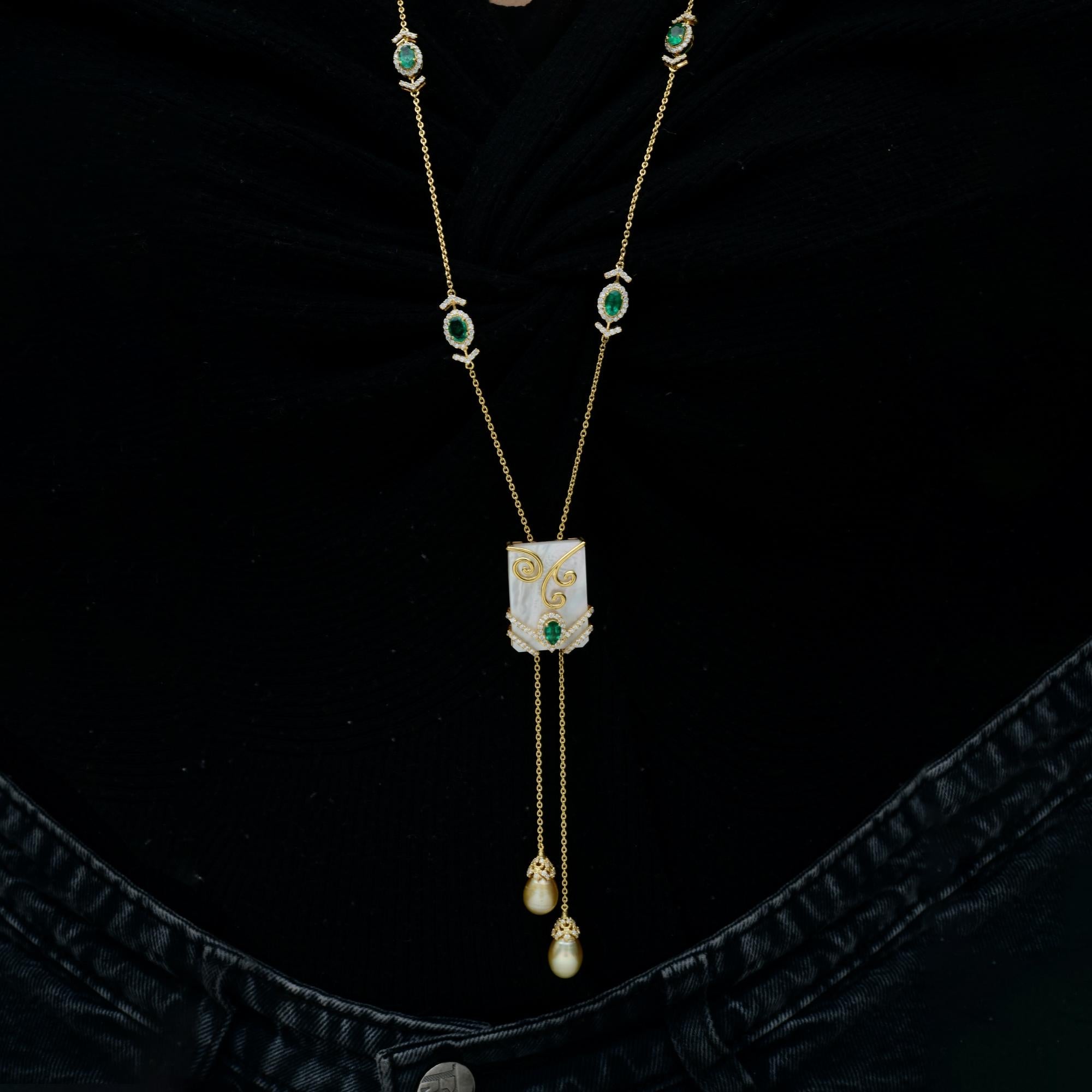 29Tcw Art Deco Smaragd Perlmutt Lariat Diamant 18 Karat Gold Halskette im Zustand „Neu“ im Angebot in Diera, Dubai