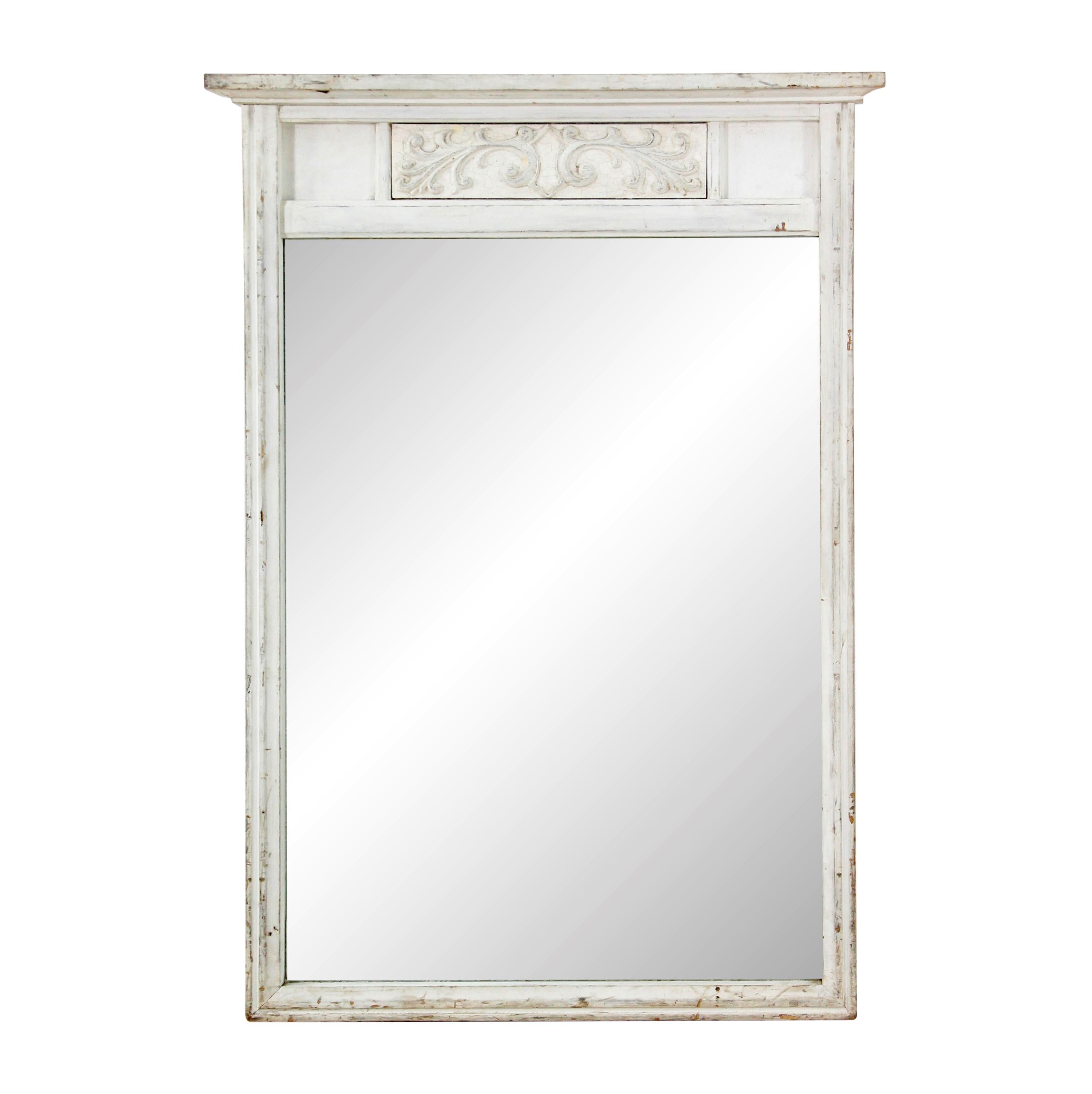20th C White Wood Frame Over Mantel Mirror Floral Design 5