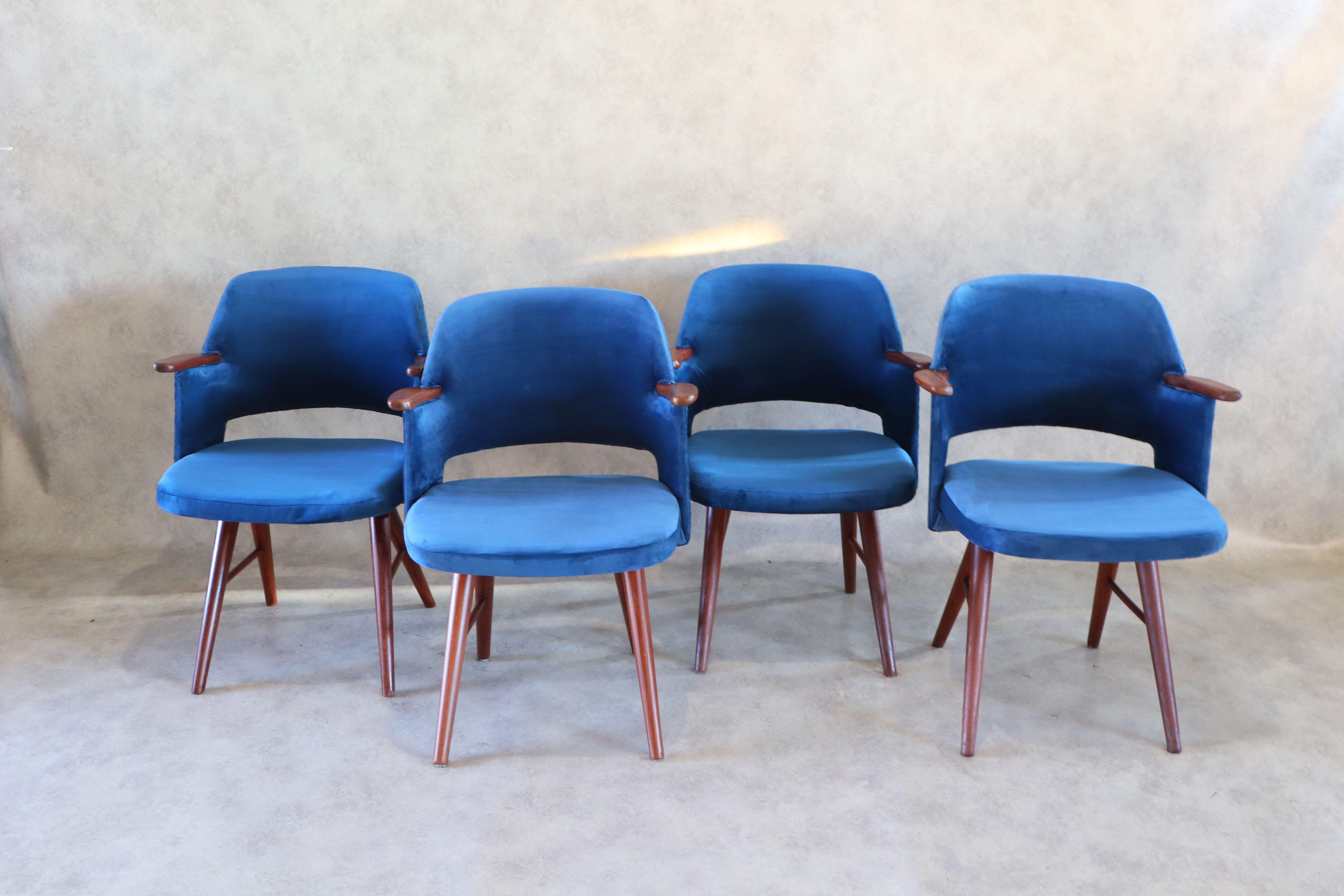 Wonderful and rare set of four Mid-Century Modern FT30 dining chairs. Design by Cees Braakman for UMS Pastoe. Striking Dutch design from the sixties. Solid teak and re-upholstered with stylish Italian blue velvet. The chairs are marked with the