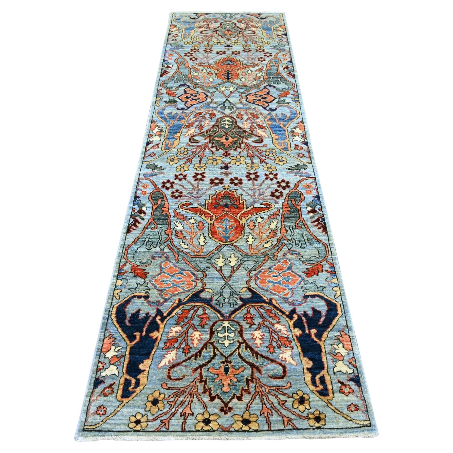 2'9"x10' Baby Blue Bijar Garus Design Wool Hand Knotted Soft Wool Runner Rug