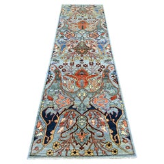 Tappeto da corridoio in morbida lana annodato a mano, modello Garus, Bijar, colore azzurro chiaro, 86 cm x 305 cm