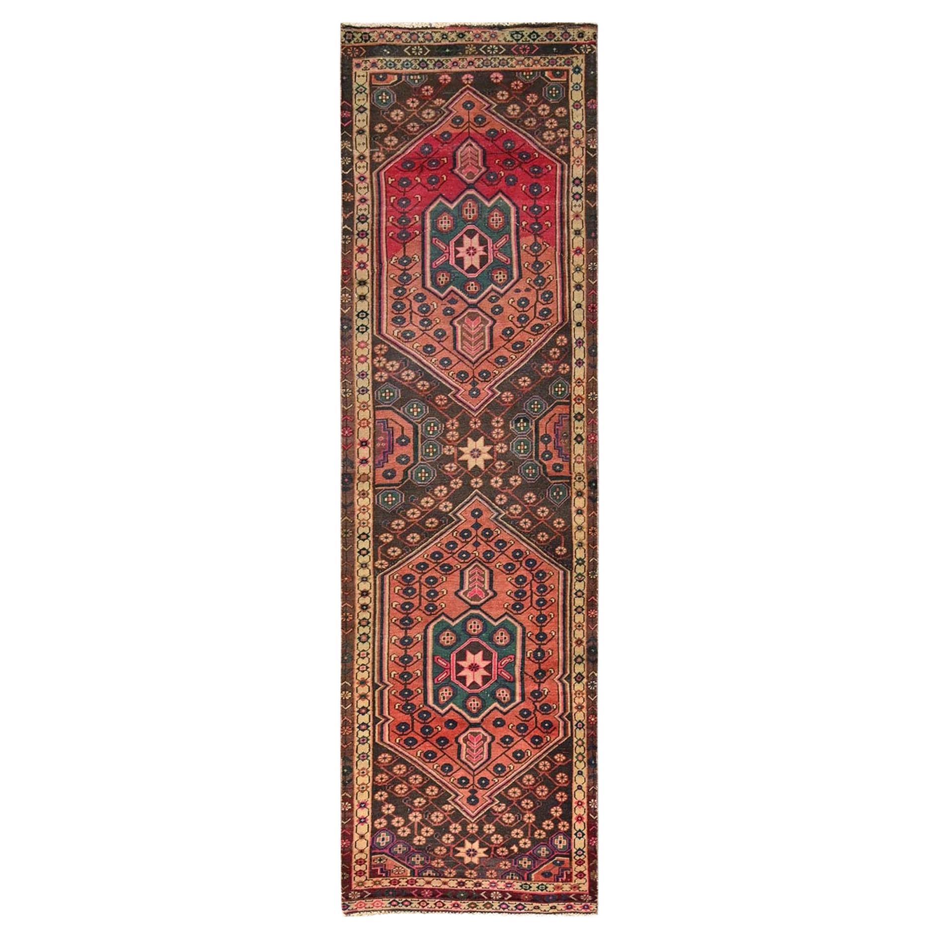 2
9 "x10
 Cedar Brown Vintage Persian Hamadan Hand Knotsted Pure Wool Runner Rug en vente