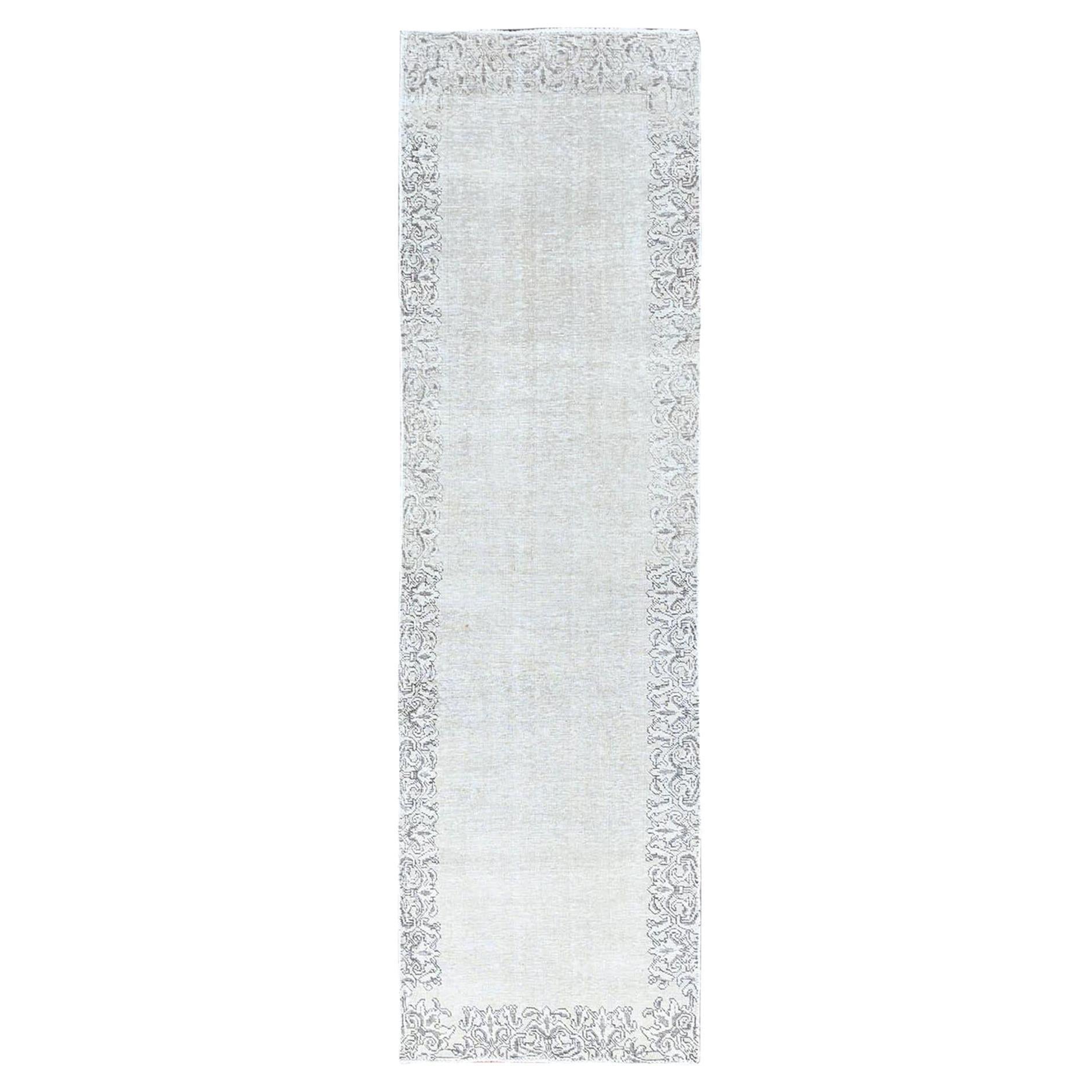 2'9"x10' Cough Mixture White Vintage Persian Tabriz Hand Knotted Wool Runner Rug