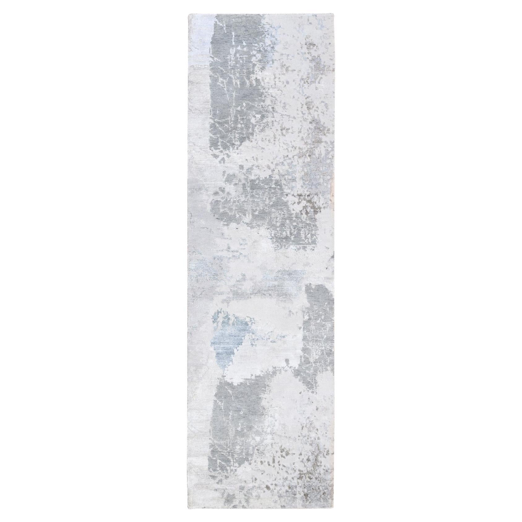 2
9 "x10
Grau Modern Wolle und Seide Handgeknüpft Orientalisch Läufer Teppich