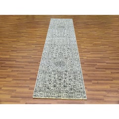2'9"x10' Ivory Mamluk Dynasty Tone on Tone Design Hand Knotted Undyed Wool Runne