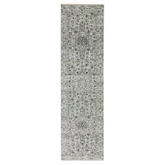 2'9"x10' Ivory Mamluk Dynasty Tone on Tone Design Hand Knotted Undyed Wool Runne