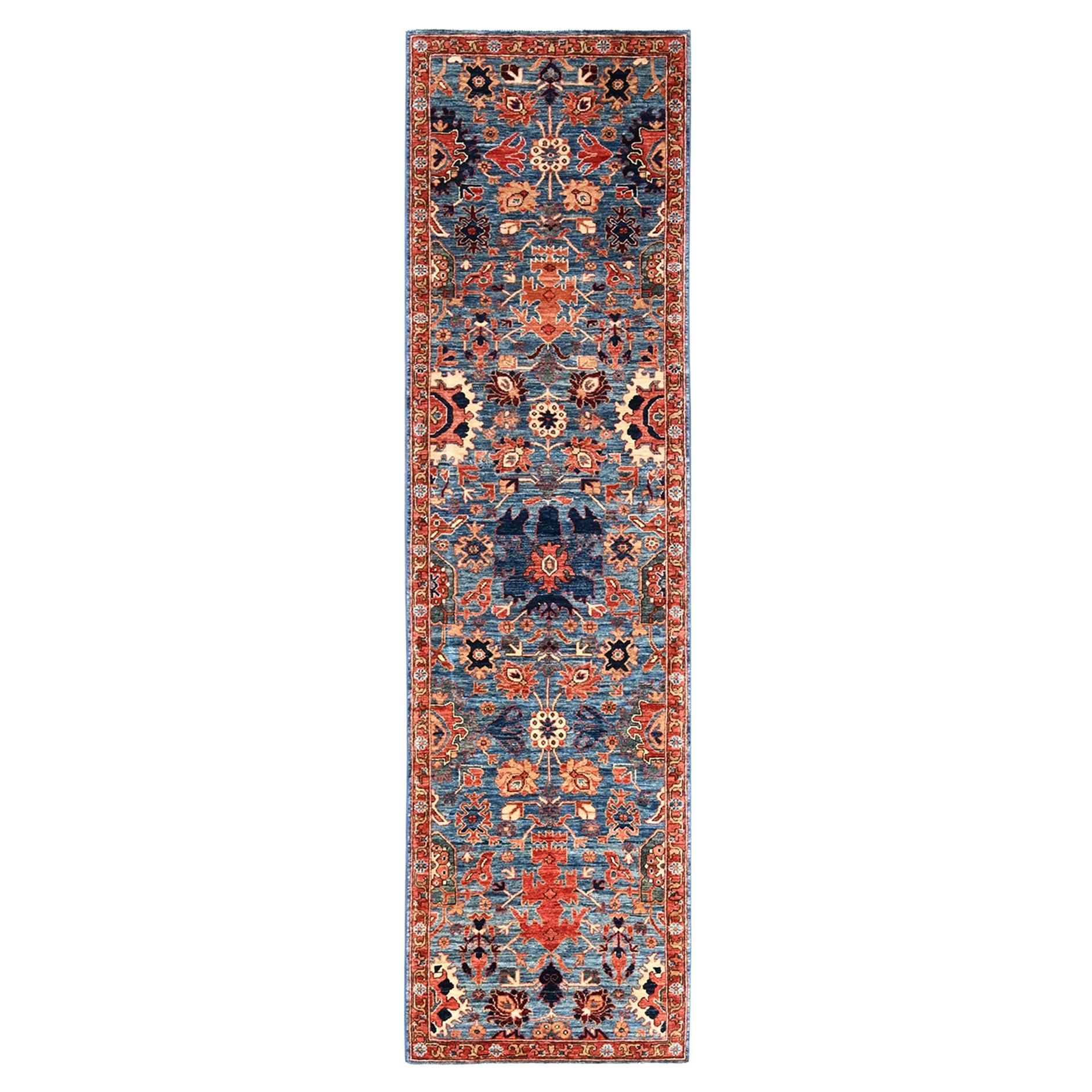 2'9"x10'1" Blue Aryana Grade Heriz All Over Design Hand Knotted Wool Runner Rug