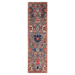 2'9"x10'1" Blue Aryana Grade Heriz All Over Design Hand Knotted Wool Runner Rug