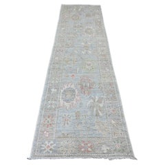 2'9"x10'2" Beau Blue Angora Oushak Blatt Design Handgeknüpfter Läufer aus reiner Wolle