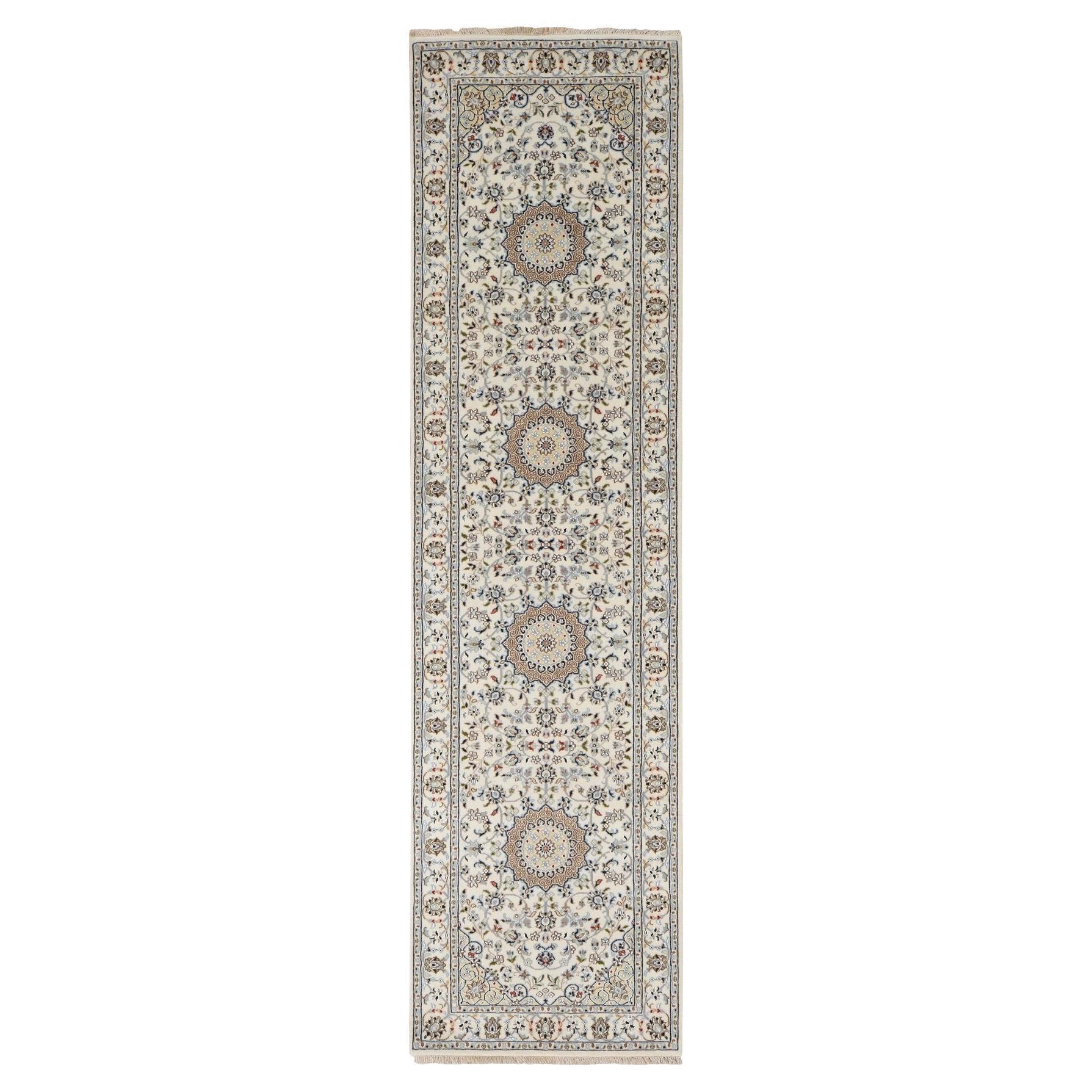 2'9"x10'2" Floral White Nain Hand Knotted 250 KPSI Soft Wool Runner Oriental Rug