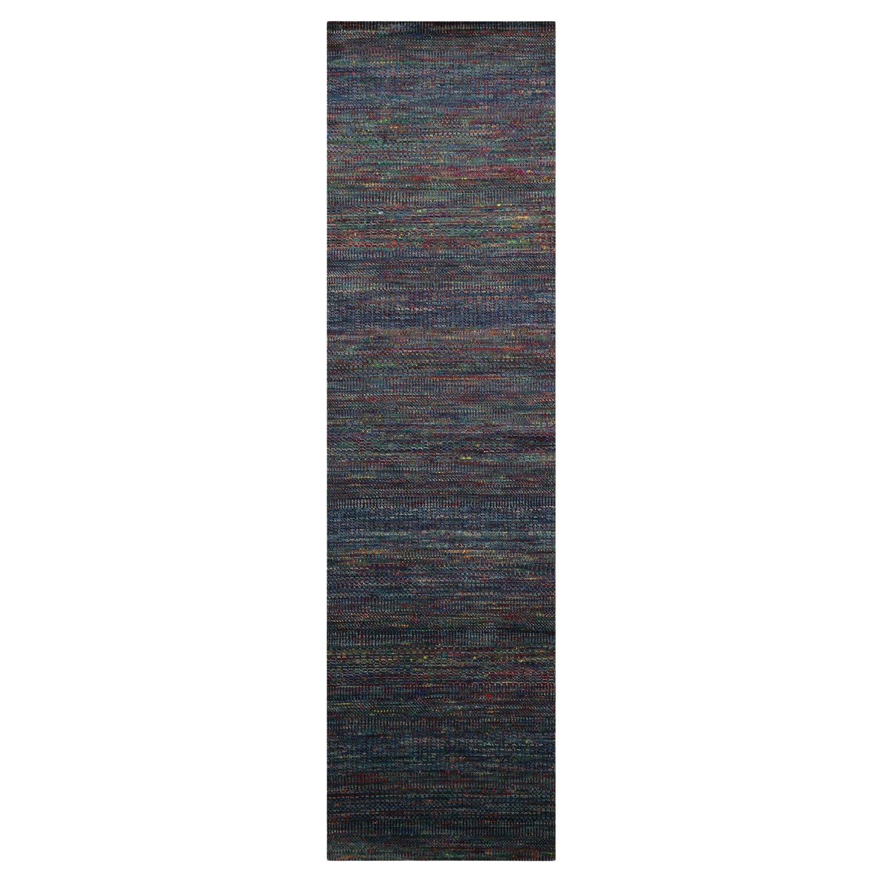 2
9"x10
2" Yale Blue Colorful Grass Design Wool and Silk Hand Knotted Runner Rug For Sale