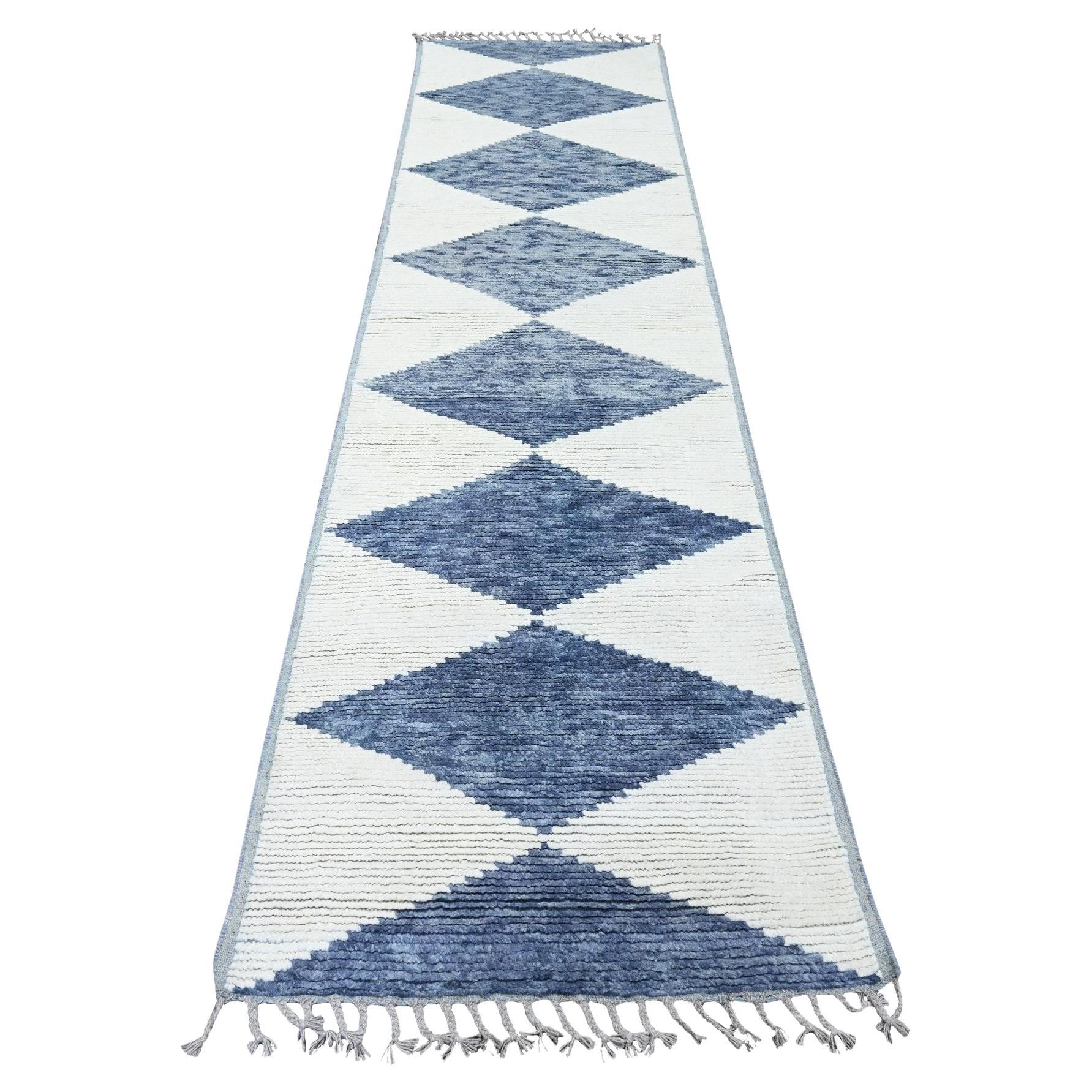 2'9 "x10'3" Tapis de course en laine nouée à la main, bleu, Moroccan Weave Geometric Design