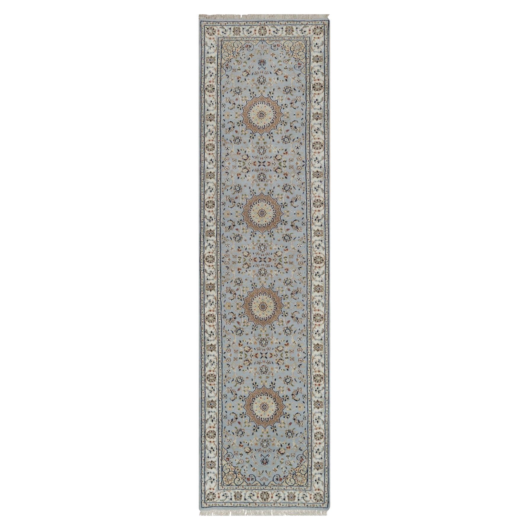 2
9"x10
3" Light Blue Nain Flower Design Wool and Silk Hand Knotted Runner Rug