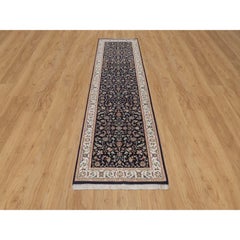 2'9"x10'4" Midnight Blue Nain Flower Design Hand Knotted Wool & Silk Runner Rug