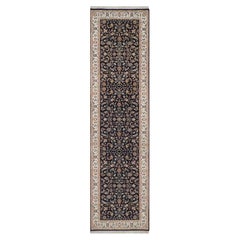 2'9"x10'4" Midnight Blue Nain Flower Design Hand Knotted Wool & Silk Runner Rug