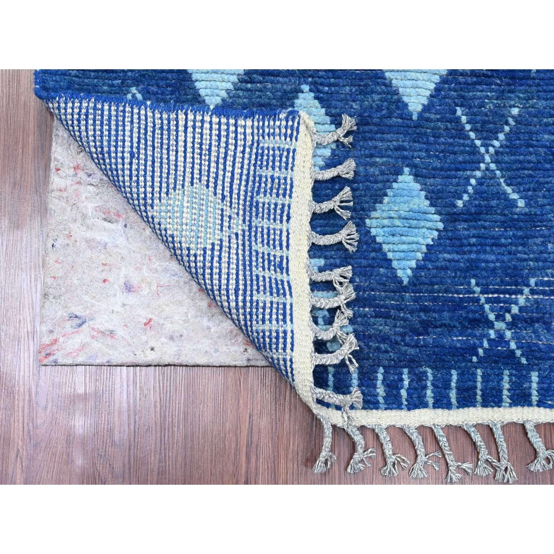Imperial Blue, Moroccan Weave with Geometric Pattern, Hand Knotted, Soft Wool, Tone on Tone, Textured Pile, Runner, Oriental Rug
Primary materials: Wool
Latex: No Pile
height: 0.25 Inches
Style: Traditional
Primary color: Blue
Secondary colors: