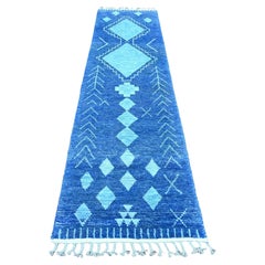 2'9"x10'7" Blue Moroccan Weave Geometric Pattern Hand Knotted Wool Runner Rug