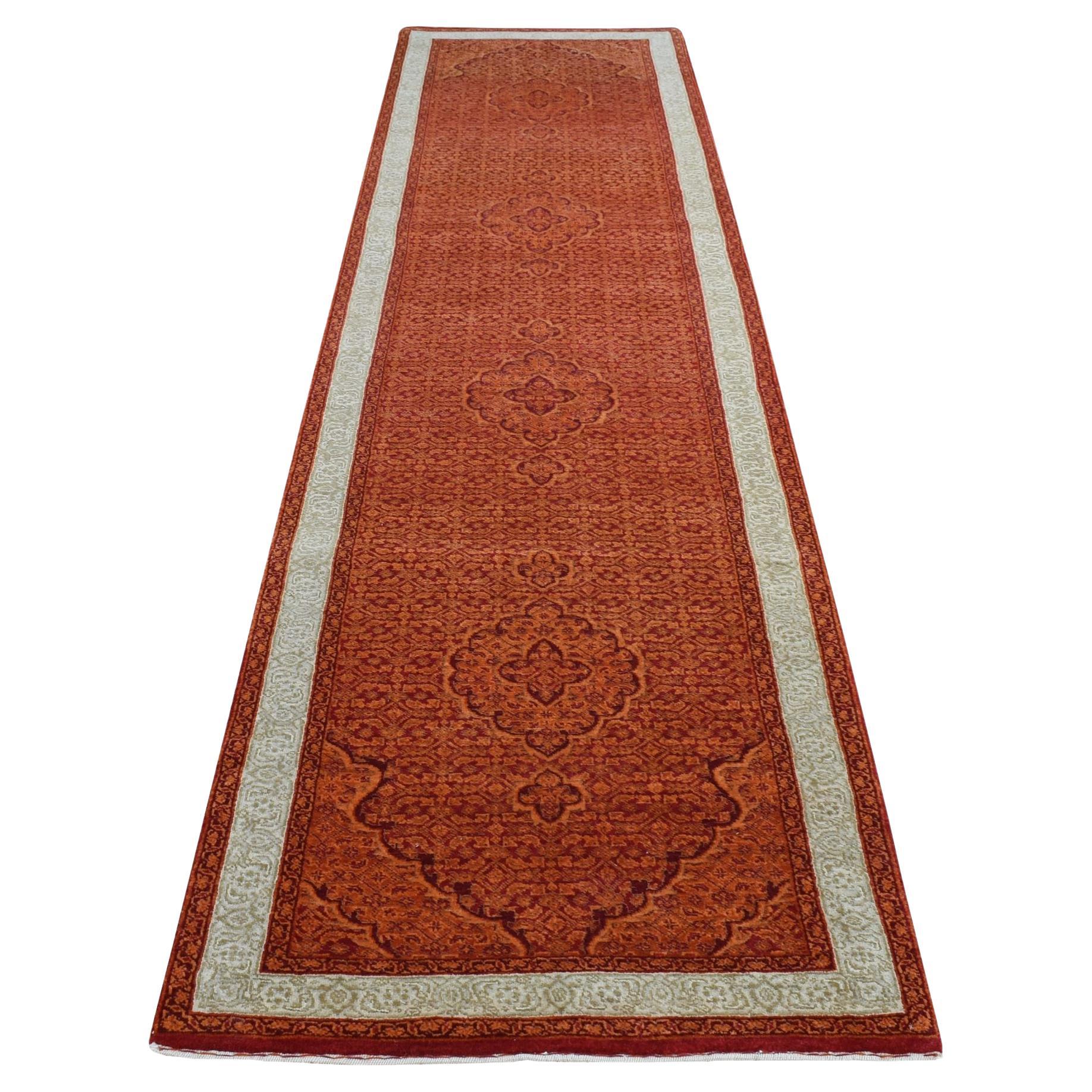2'9 "x11'10" Zucca Arancione Tabriz Mahi Tappeto Runner in Lana a Trama Densa Annodato a Mano