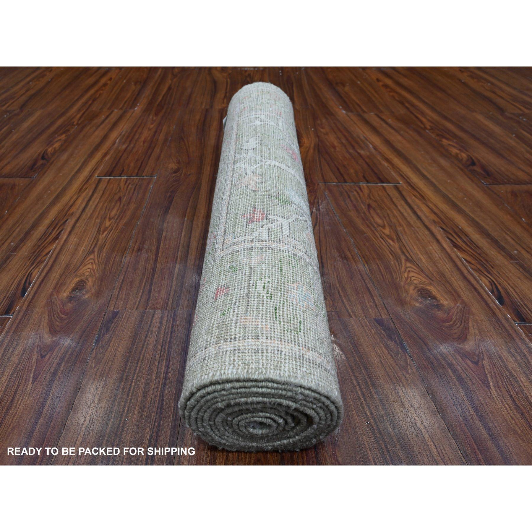 Alfombra Oriental Oushak de Angora Afgana con Trama de Lana Verde Salvia de 2'9 