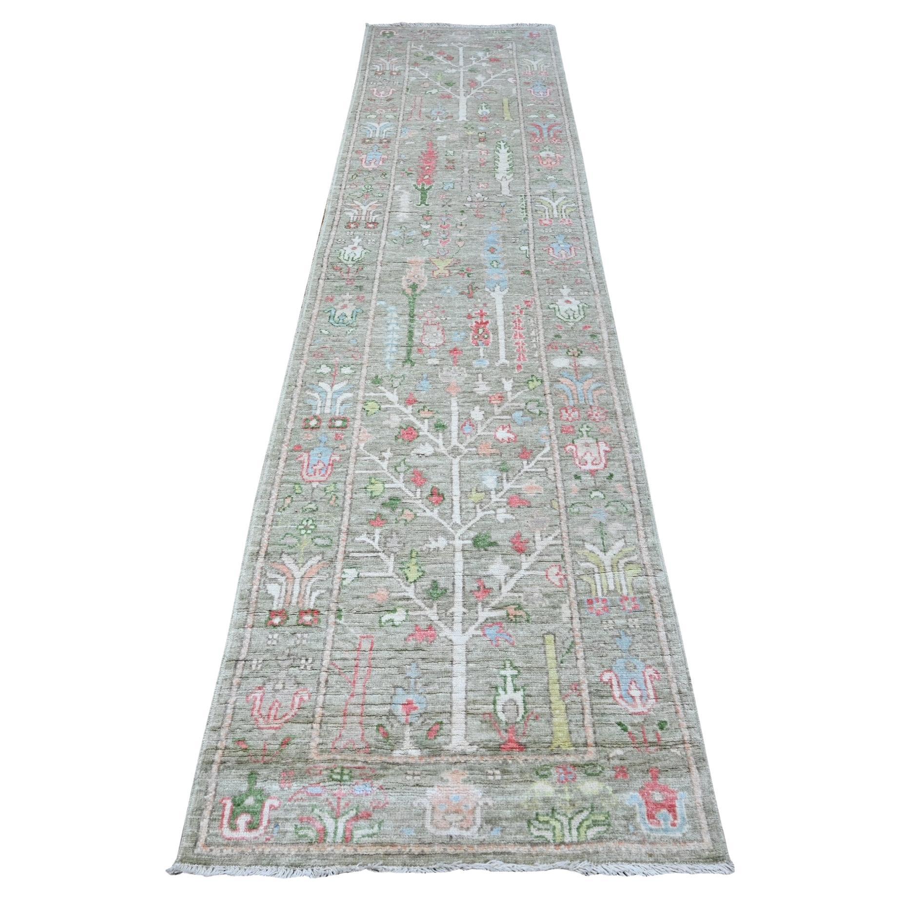 Alfombra Oriental Oushak de Angora Afgana con Trama de Lana Verde Salvia de 2'9 "x11'10
