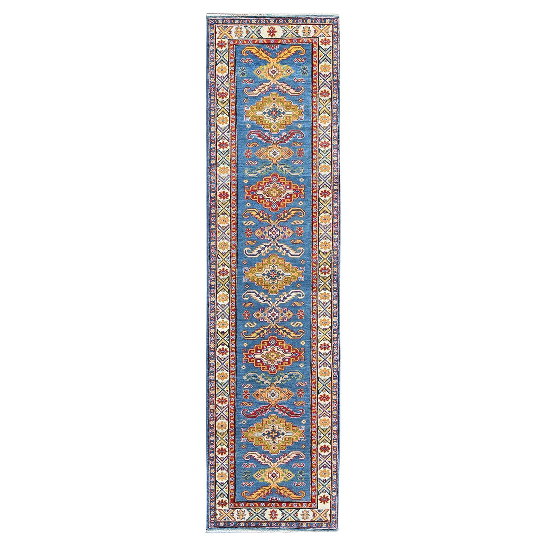 2
9 "x11
2" Blau Kazak mit Stammes-Medaillons Design Wolle Hand geknüpft Läufer Teppich
