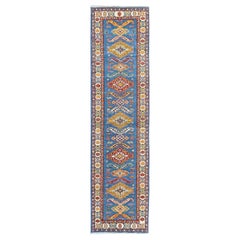 2
9 "x11
2" Blau Kazak mit Stammes-Medaillons Design Wolle Hand geknüpft Läufer Teppich