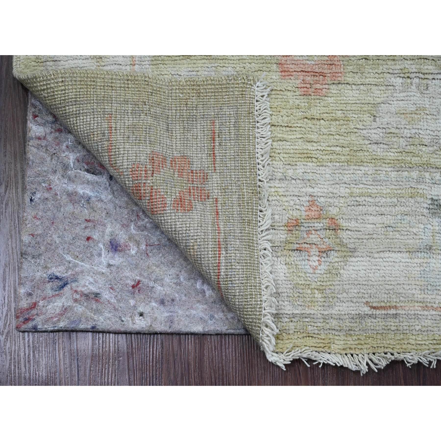 Olive Green, Afghan Angora Oushak with All Over Leaf Design, Veggie Dyes, Hand Knotted, 100% Wool, Runner, Oriental Rug
Primary materials: Wool
Latex: No Pile 
height: 0.25 Inches
Style: Transitional
Primary color: Green
Secondary colors: Red, Blue,