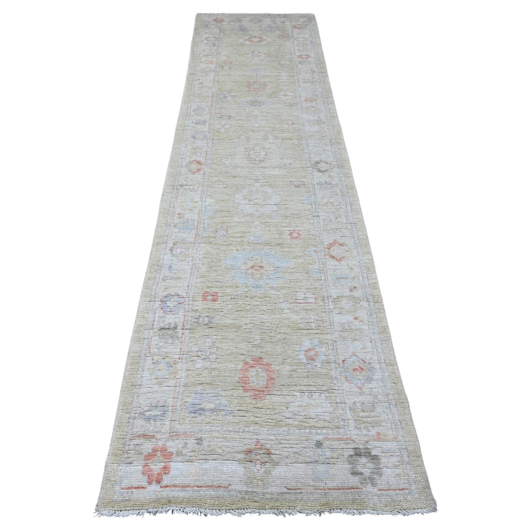 2'9"x11'3" Green Afghan Angora Oushak Leaf Design Hand Knotted Wool Runner Rug