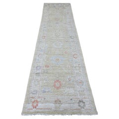 2'9"x11'3" Green Afghan Angora Oushak Leaf Design Hand Knotted Wool Runner Rug