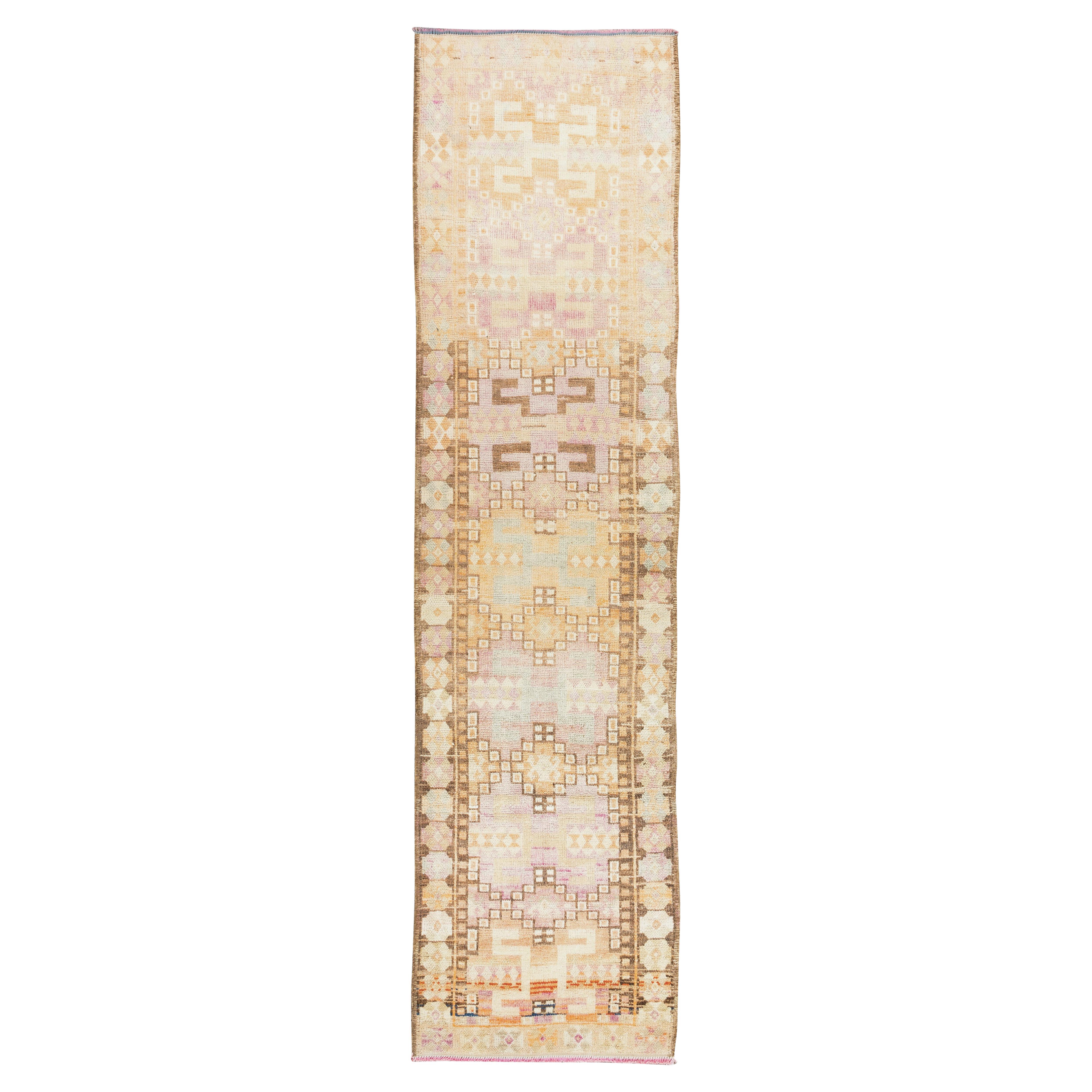 Tapis de couloir vintage nou  la main d'Oushak d'Anatolie 2,9x11,4 m pour dcoration de couloir