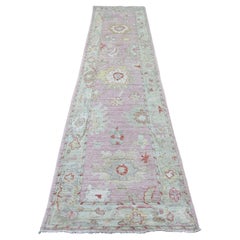 Tappeto Runner in lana annodato a mano con motivo a foglie di Oushak e angora afghano rosa 2'9 "x11'4"