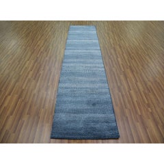 2'9"x11'4" Teal Blue, Modern Grass Design, Wool and Silk Hand Knotted Runner Rug