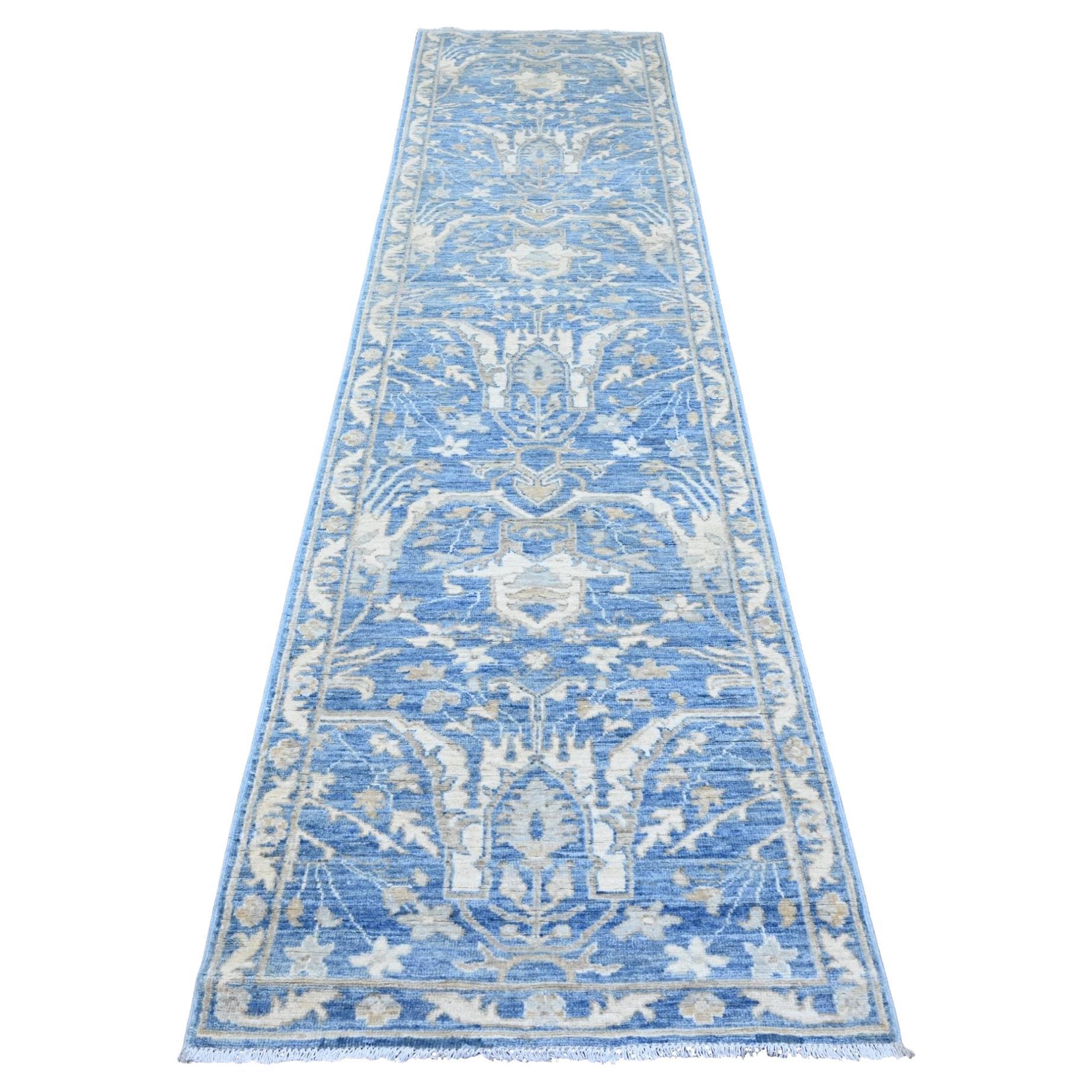 2'9 "x11'5" Blue Washed Out Peshawar Pure Wool Hand Knots Rugs Oriental Rugs in vendita