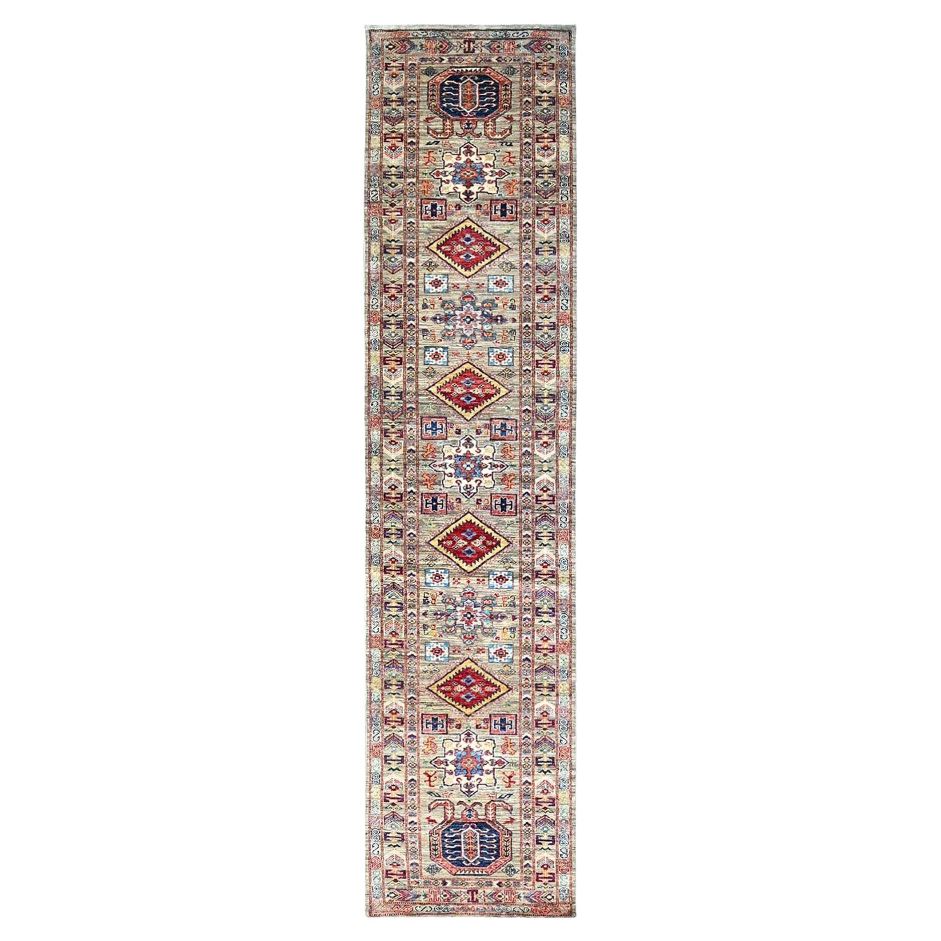 Alfombra Oriental de Lana Gris Salvia Densamente Tejida Afghan Super Kazak Runner 2'9 "x11'7