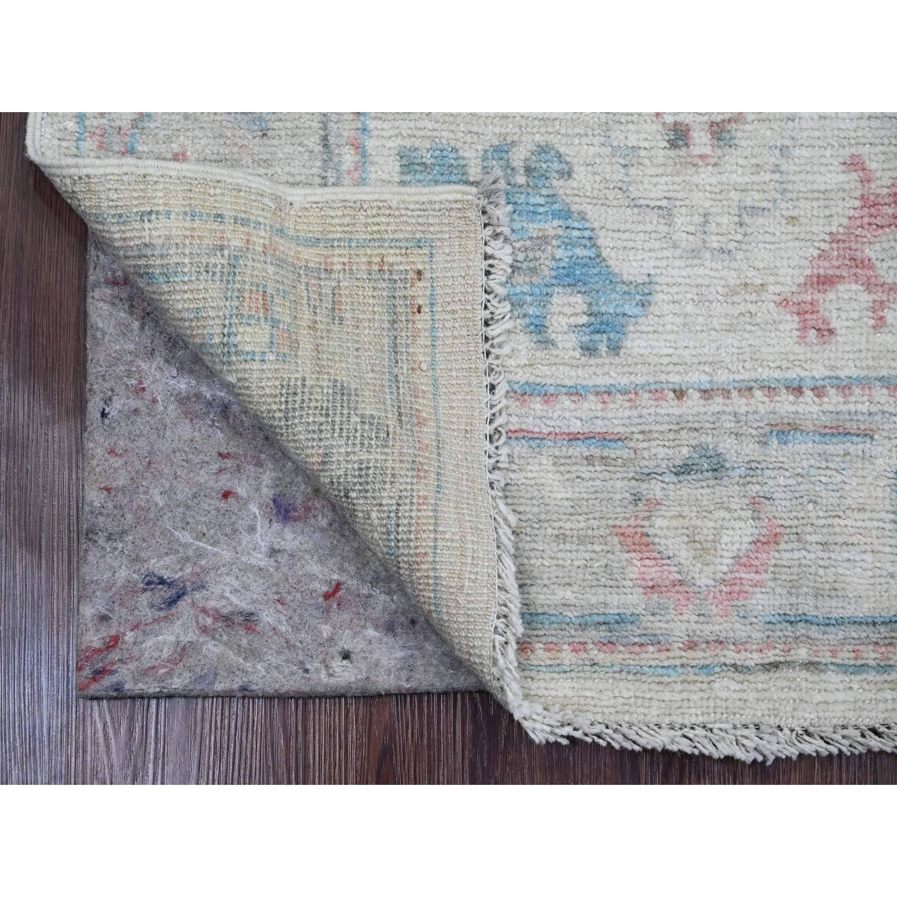 Chiffon White, Hand Knotted, Afghan Angora Oushak with All Over Pattern, Vegetable Dyes, Pure Wool, Runner, Oriental Rug
Primary materials: Wool
Latex: No Pile 
height: 0.25 Inches
Style: Transitional
Primary color: Ivory
Secondary colors: Red,