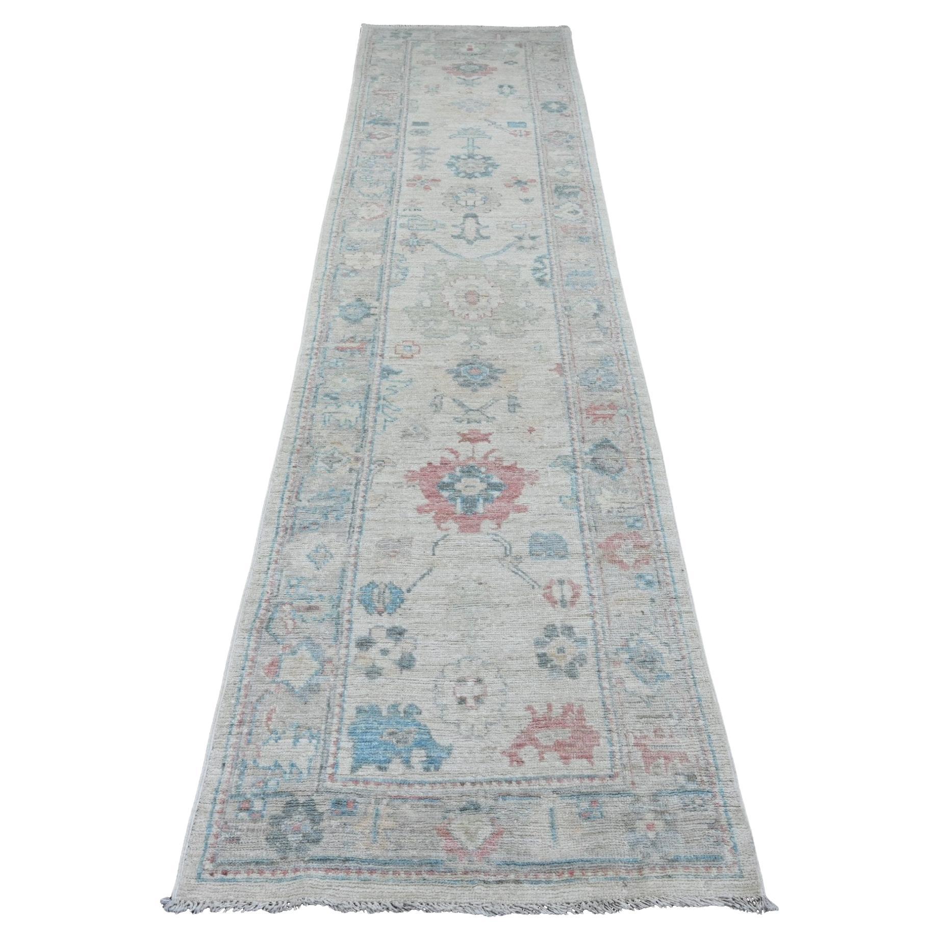 2'9"x11'7" White Hand Knotted Afghan Angora Oushak Pure Wool Runner Oriental Rug