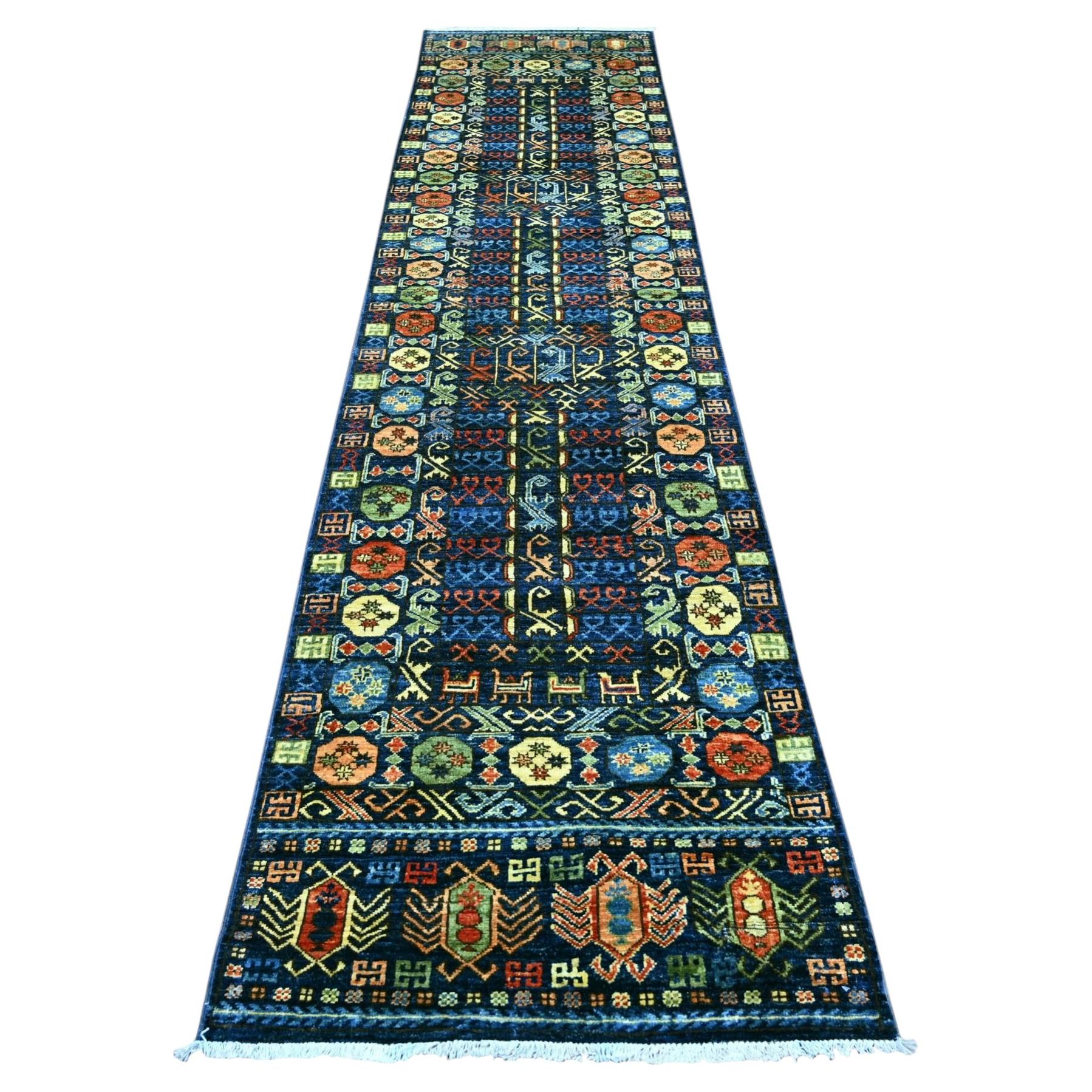 2'9"x11'9" Blue Afghan Ersari with Hutchlu Design Hand Knotted Wool Runner Rug