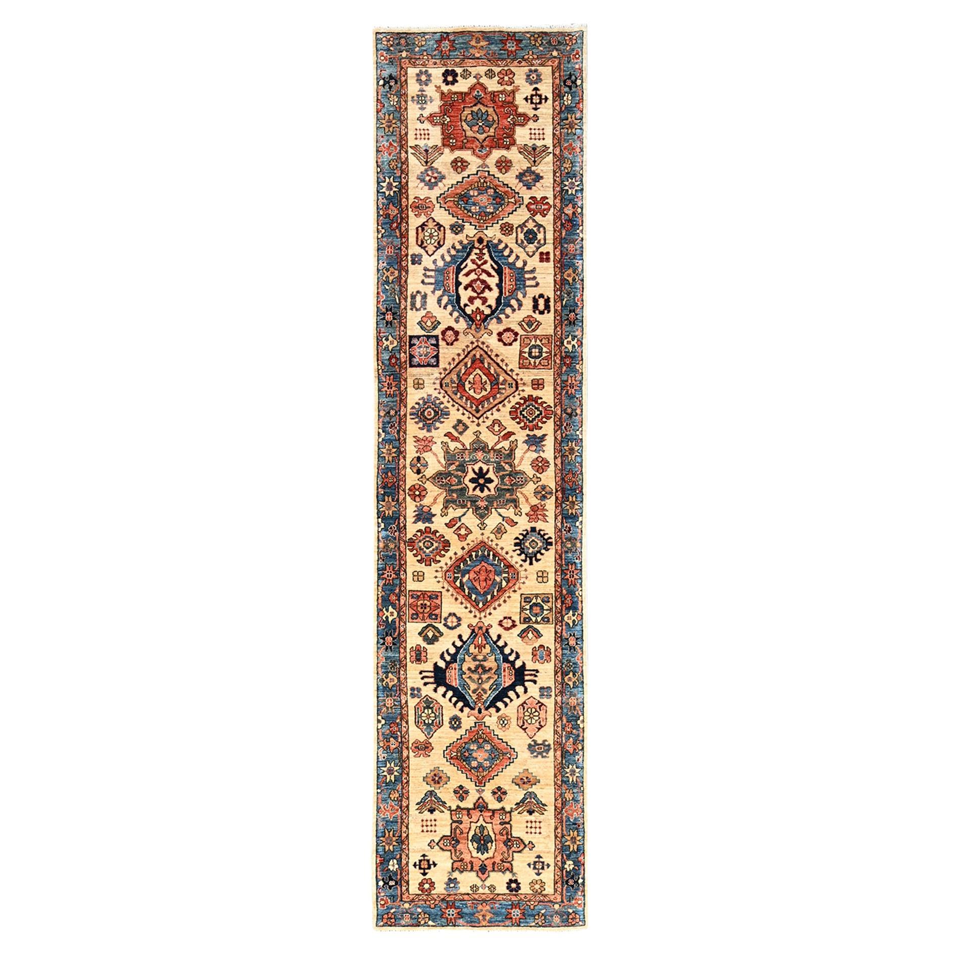 2'9 "x11'9" Elfenbein Karajeh Stammes-Medaillons Design Hand geknüpft Wolle Läufer Teppich