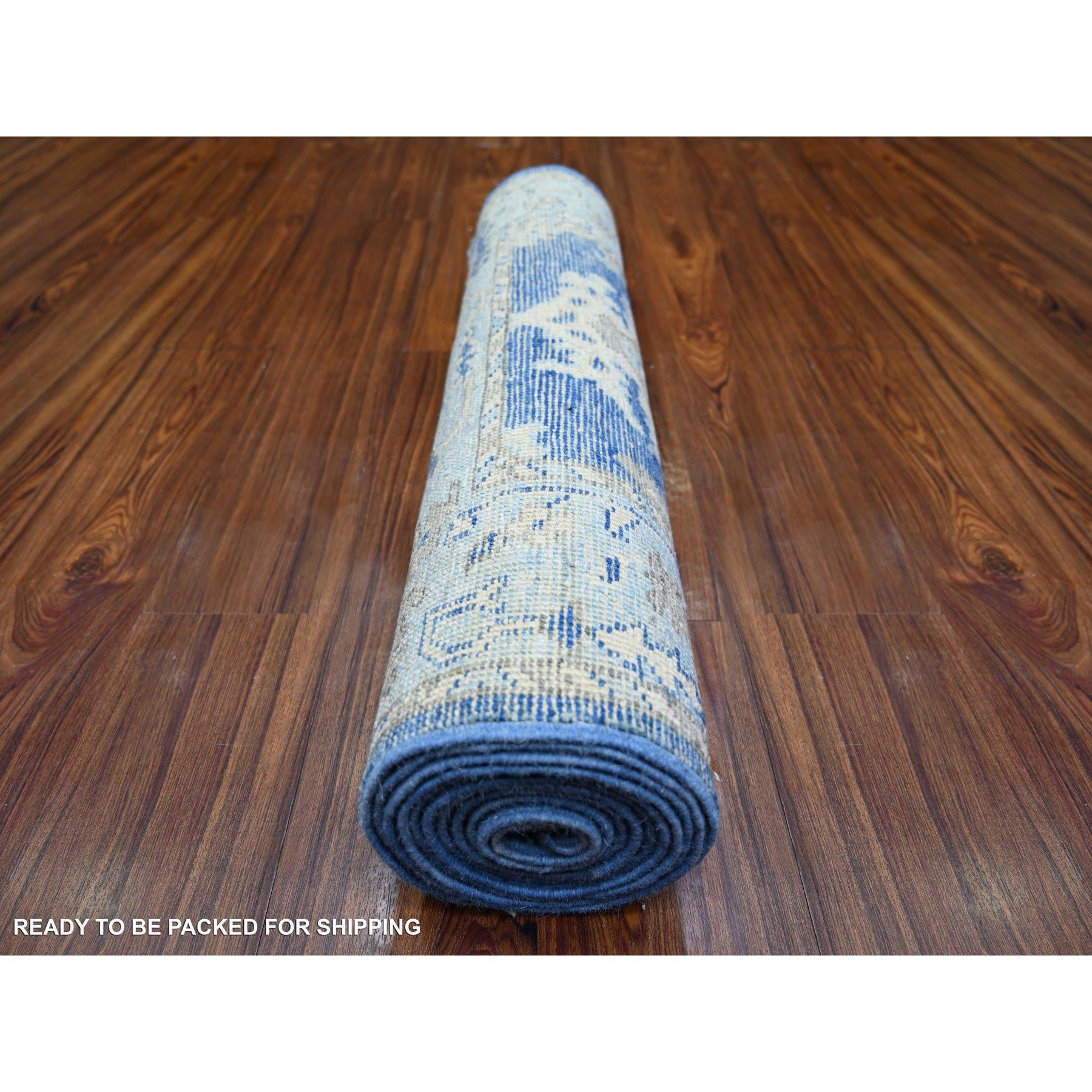 Annodato a mano Tappeto orientale in lana blu annodato a mano Afghan Angora Oushak Runner 2'9 